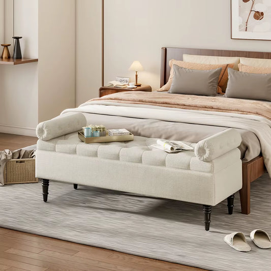 Beige Flip Top Storage Bench with Side Arms for Entryways Bedrooms Laundry Rooms